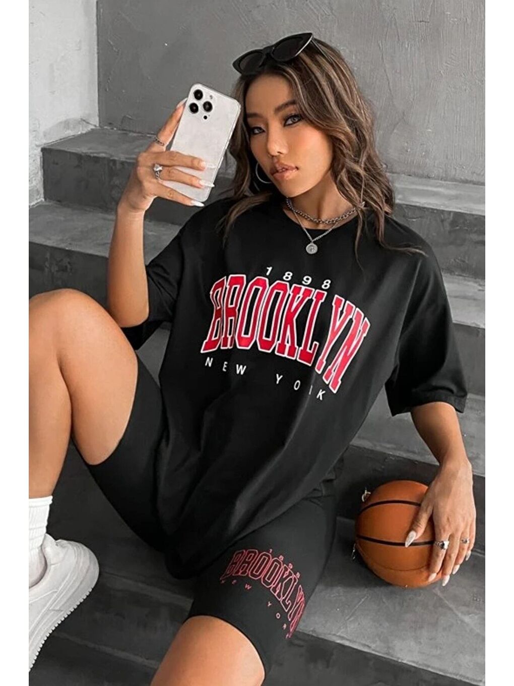Kadın Oversize Siyah Brooklyn New York Baskılı Tshirt Tayt Takım-5