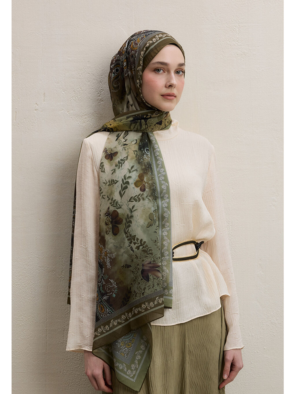 Ellen Desen İpek Krep Şal Haki-1