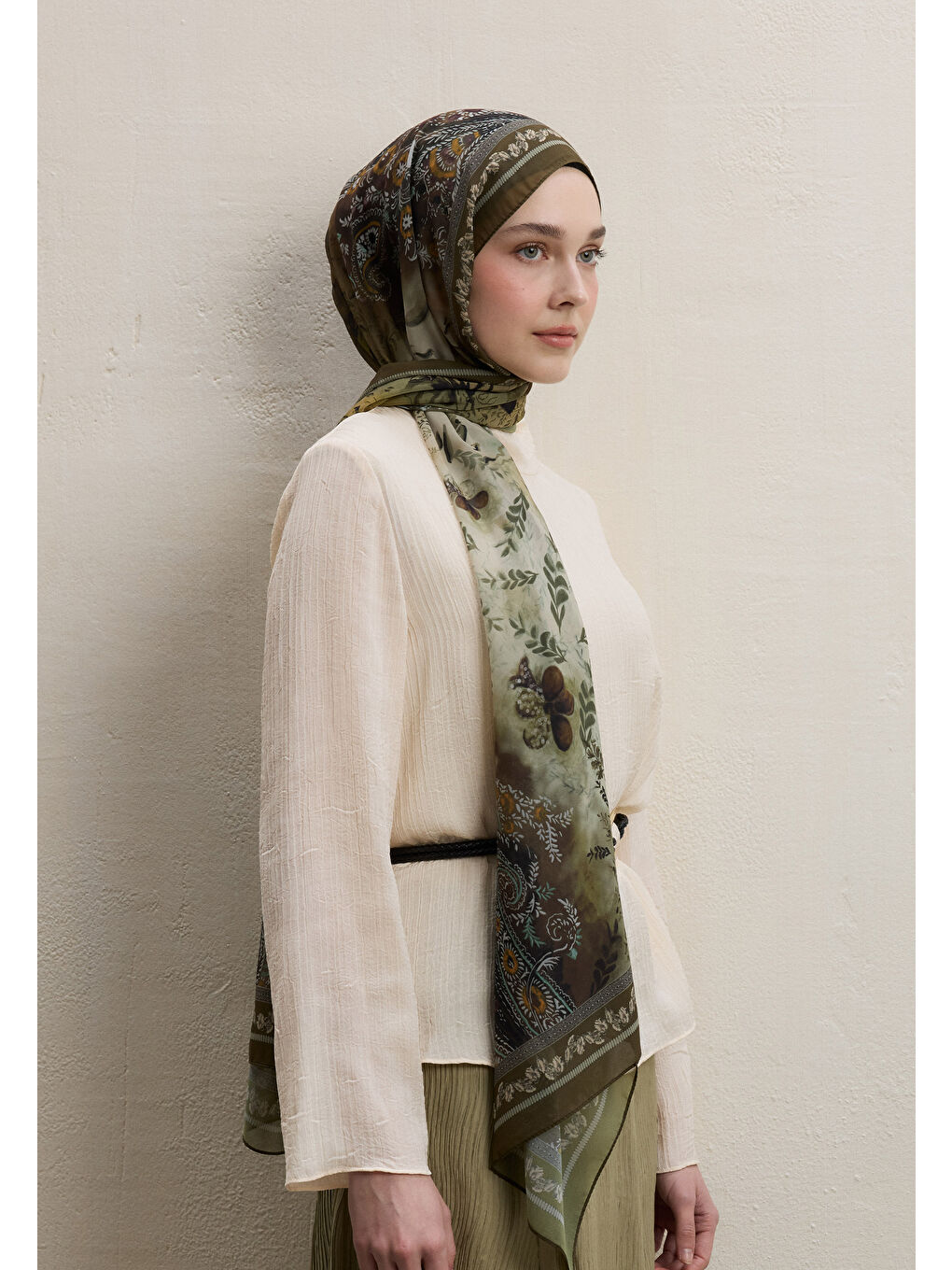 Ellen Desen İpek Krep Şal Haki-2