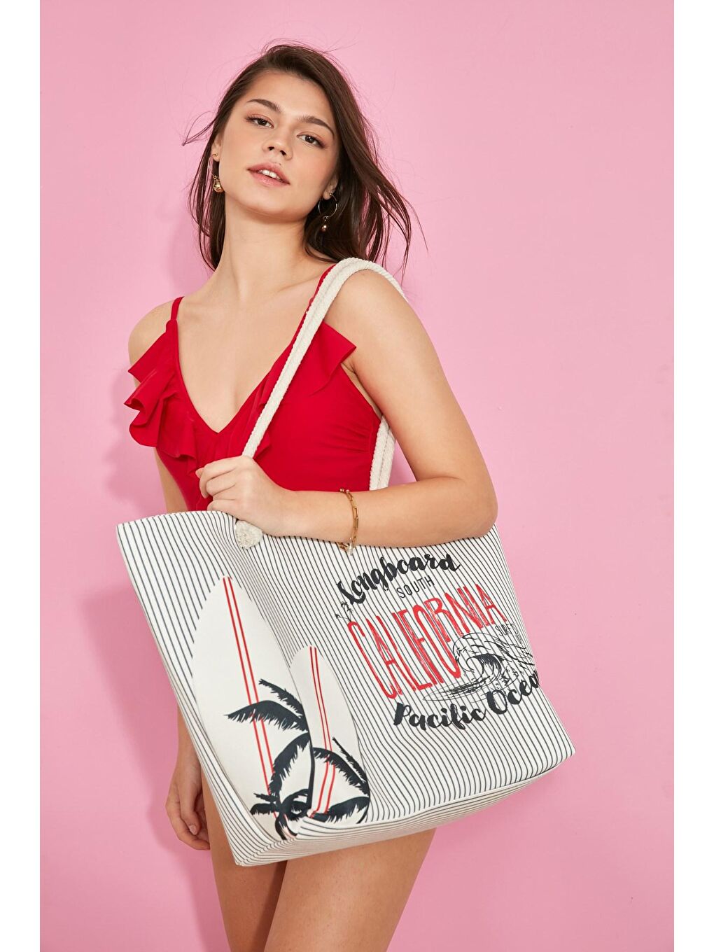 Beyaz Y1670-14 Kadın Plaj Çantası Çok Renkli