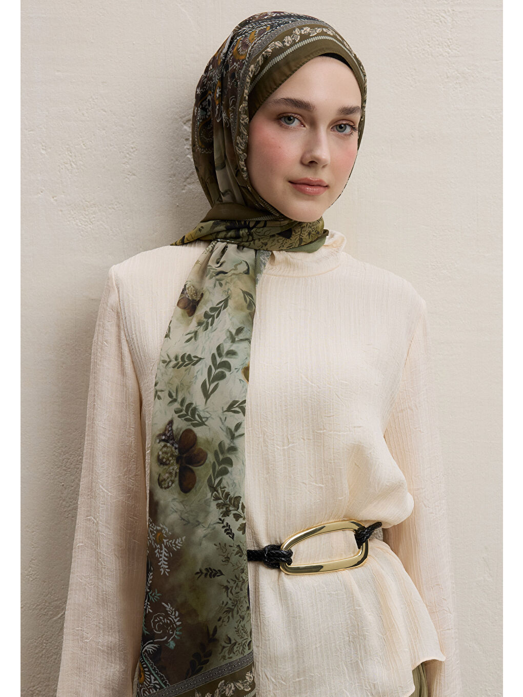 Ellen Desen İpek Krep Şal Haki-3