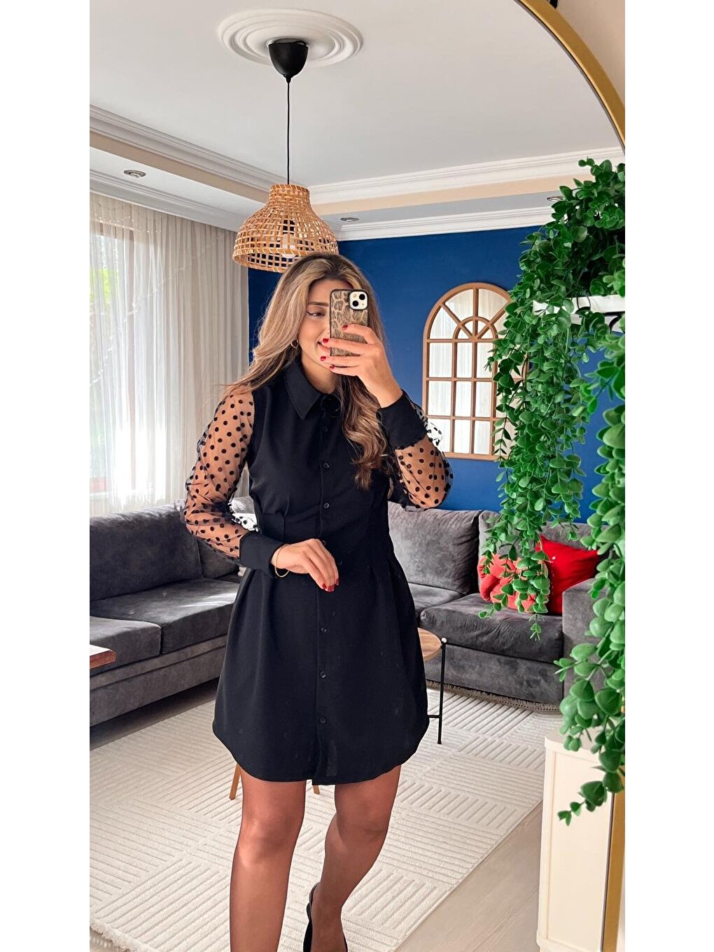 Siyah Kadın Uzun Kollu Yakalı Düğmeli Mini Ithal Krep Elbise-2