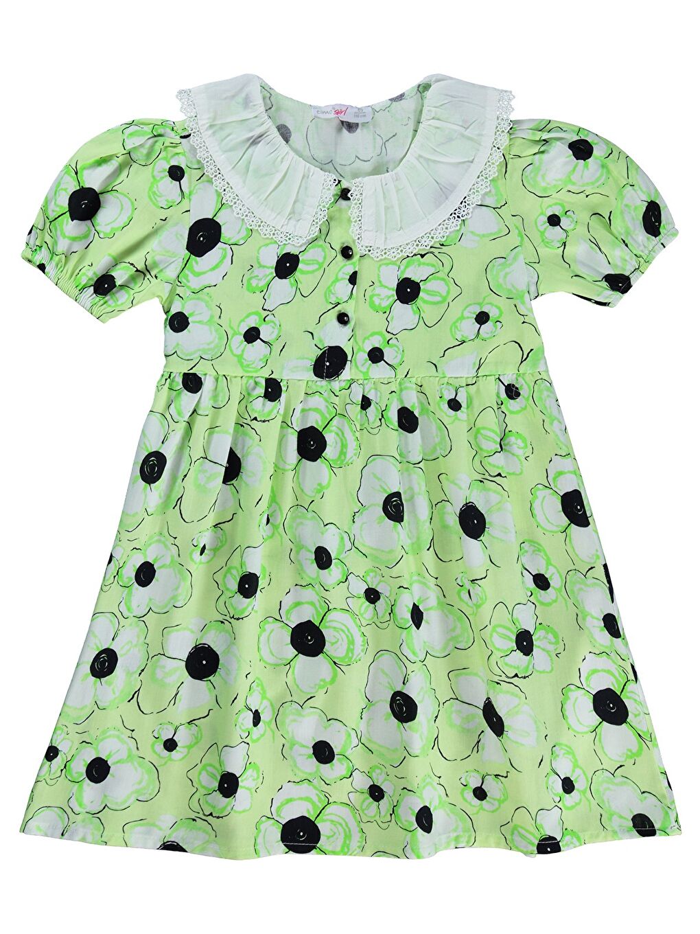 Beyaz Yakalı Çiçekli Elbise 6-9 Yaş - Yeşil