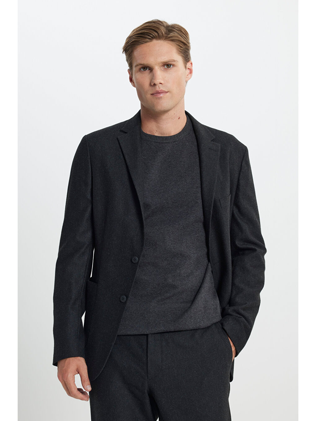 Erkek Antrasit Yünlü Slim Fit Dar Kesim Mono Yaka Beli Bağlamalı Diagonal Desenli Takım Elbise