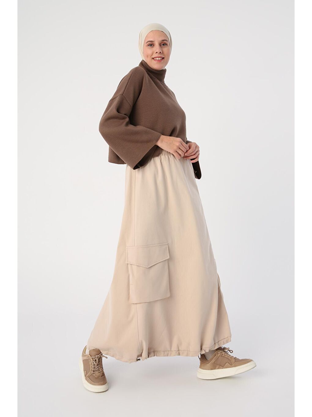 Açık Bej Pamuklu Kontrast Dokuma Garnili Fermuarlı Kargo Etek-2