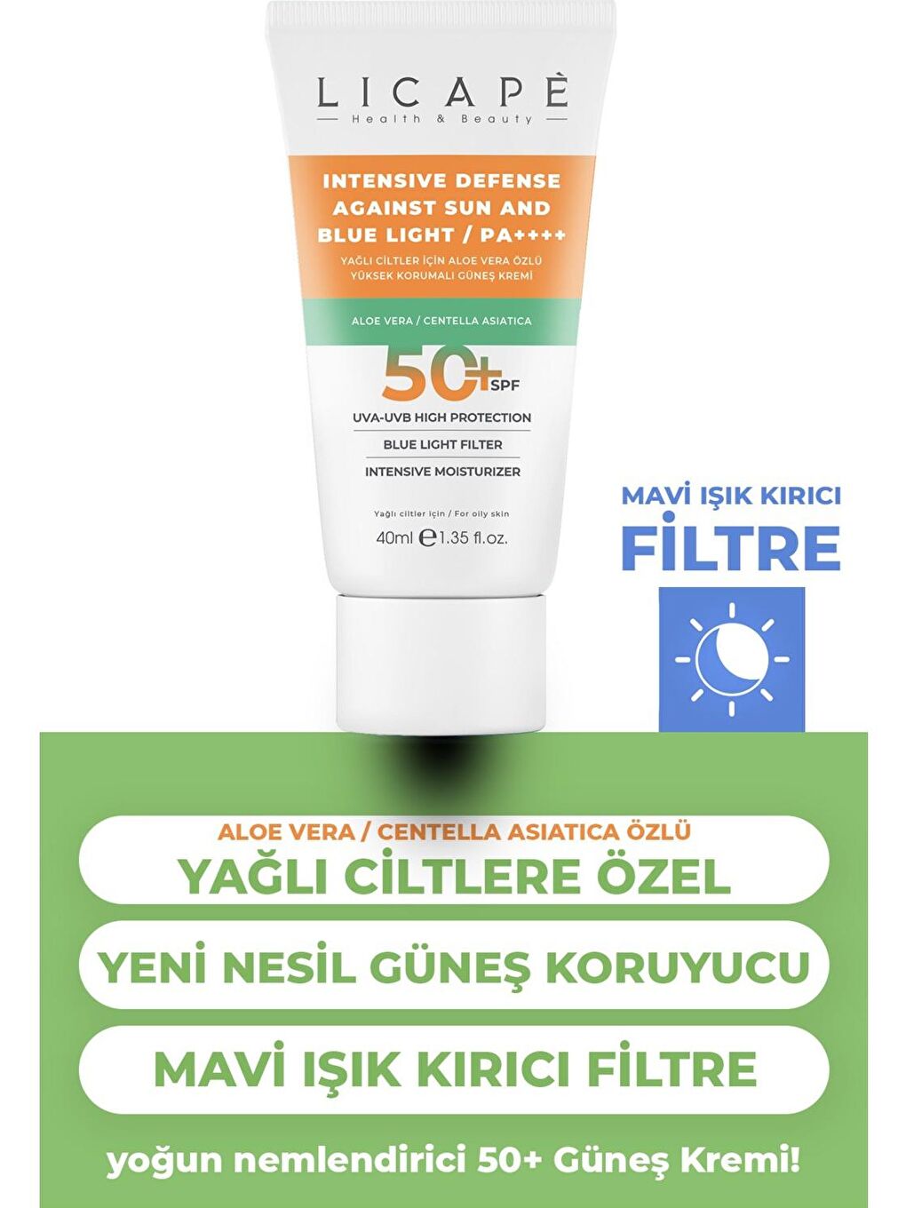 Licape Renksiz Yağlı Ciltler İçin Aloe Vera Özlü +50 Faktör Güneş Kremi 40 ml