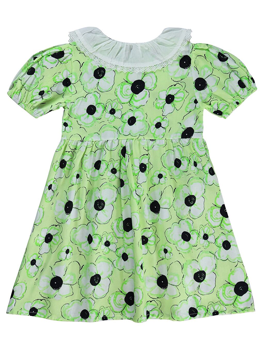 Beyaz Yakalı Çiçekli Elbise 6-9 Yaş - Yeşil-1