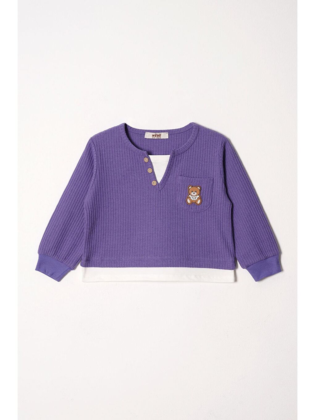 Bisiklet Yaka Uzun Kol Ayıcık Armalı Garnılı Bel Paca Lastikli Mor Renk Kız Çocuk Esofman Takım-1