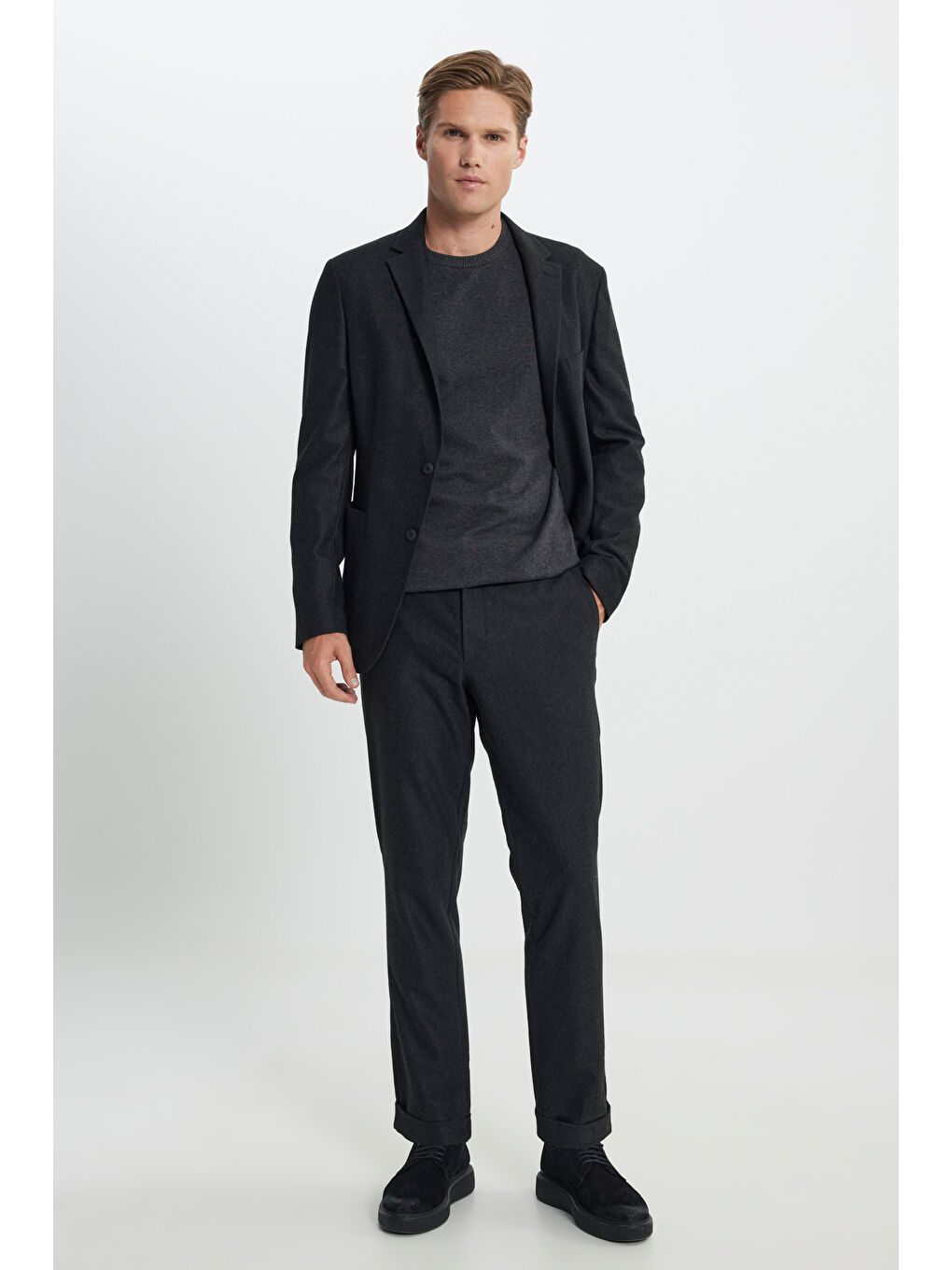 Erkek Antrasit Yünlü Slim Fit Dar Kesim Mono Yaka Beli Bağlamalı Diagonal Desenli Takım Elbise-3