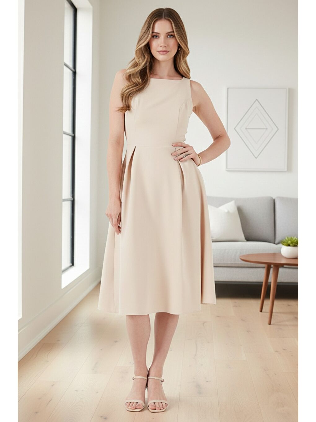 Bej Regular Fit Bisiklet Yaka Cepli Pileli Midi Boy Kadın Elbise 6111963