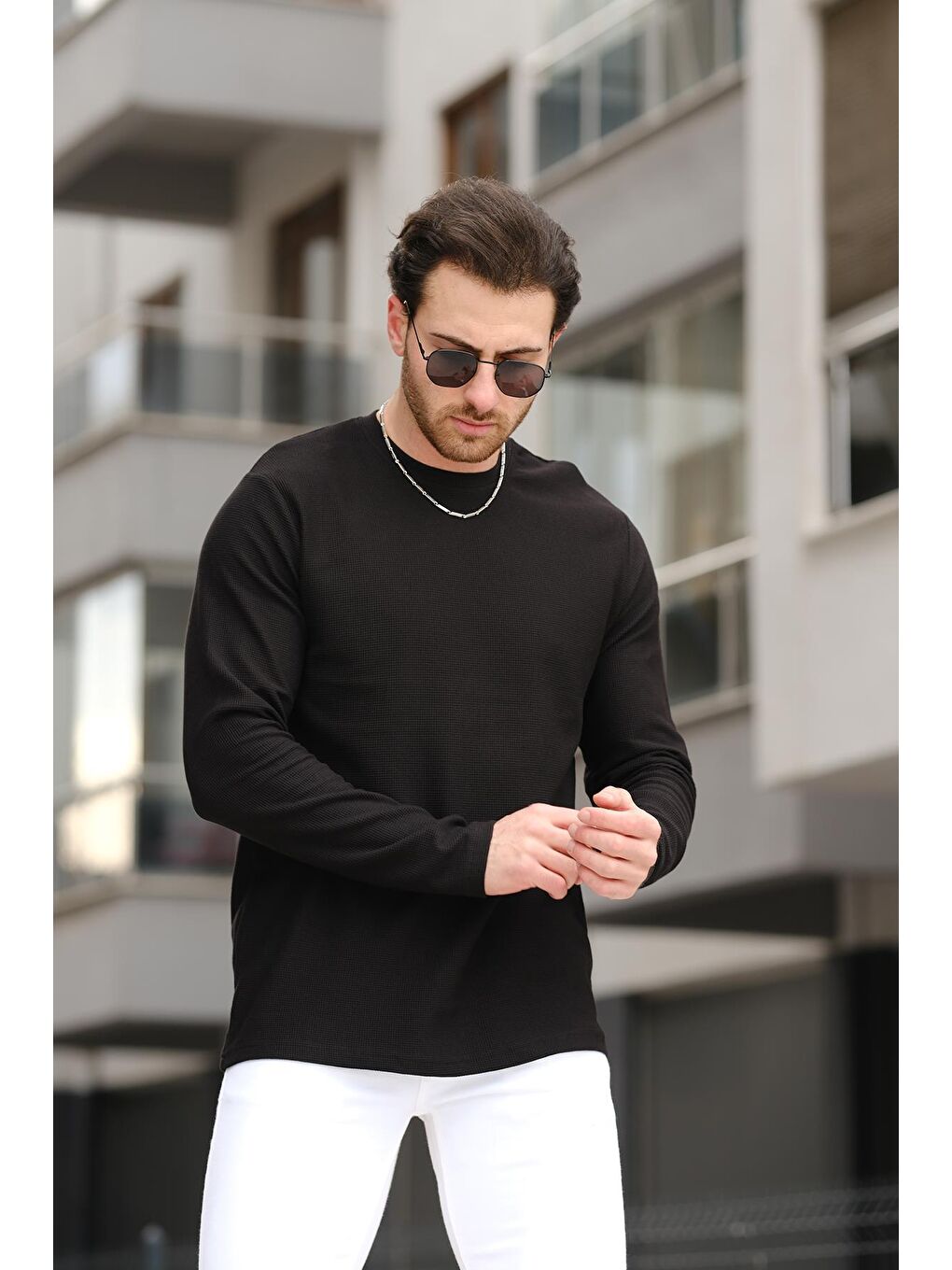 Siyah Ft 110 Slim Fit Waffle Desen Erkek Sweatshirt