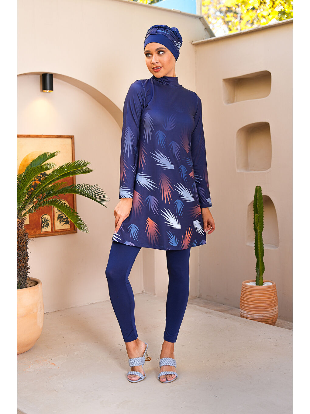 Lacivert Dijital Baskılı Taytlı Kapalı Tesettür Mayo 3766-1