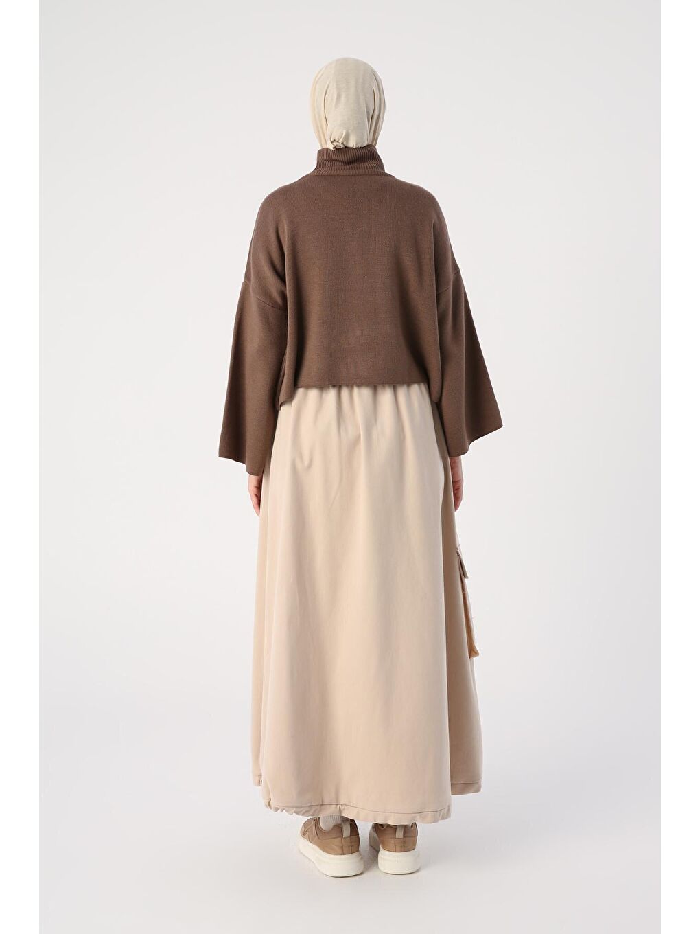 Açık Bej Pamuklu Kontrast Dokuma Garnili Fermuarlı Kargo Etek-3