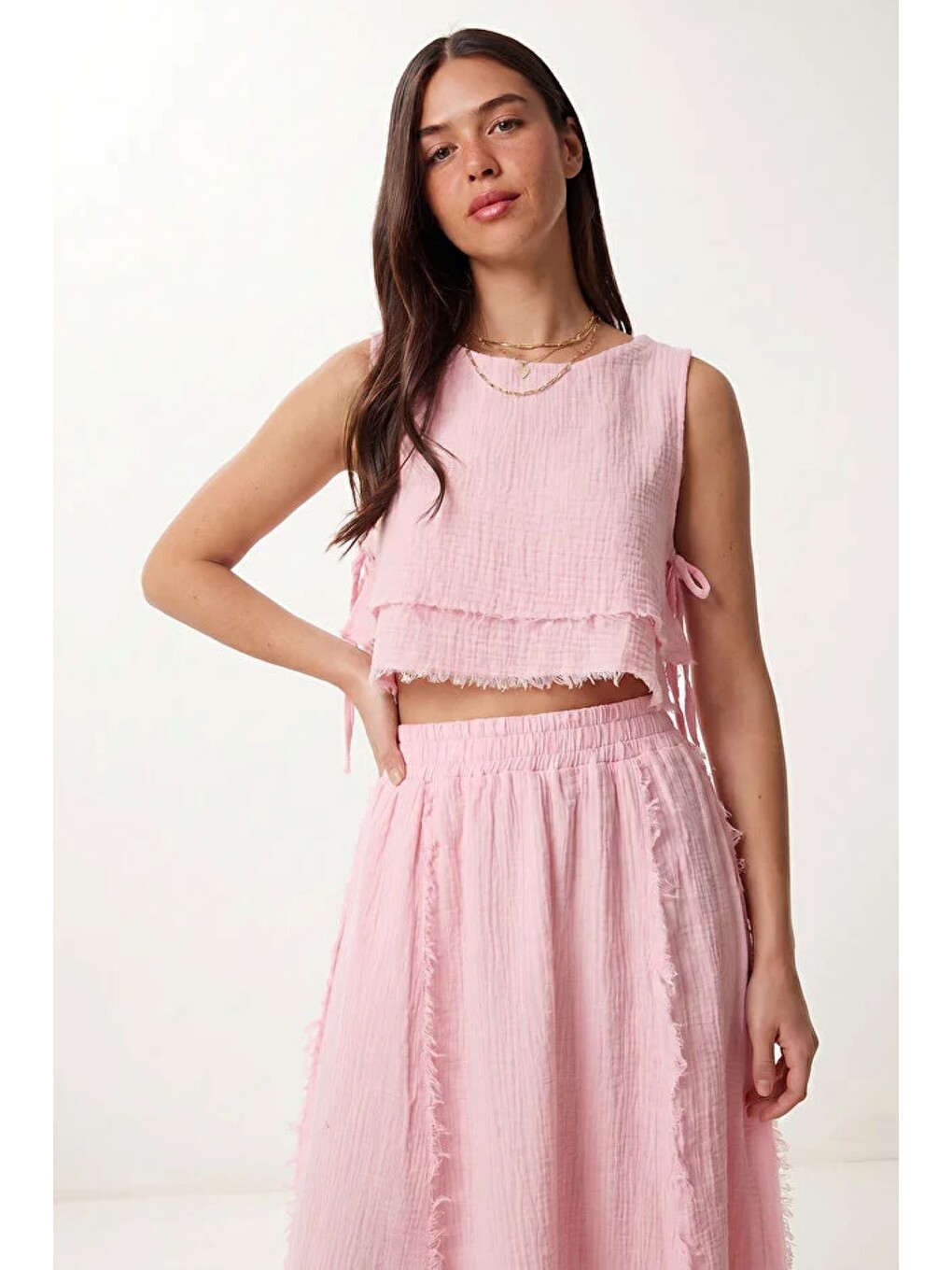 Müslin Bluz Etek Takım -pembe-1