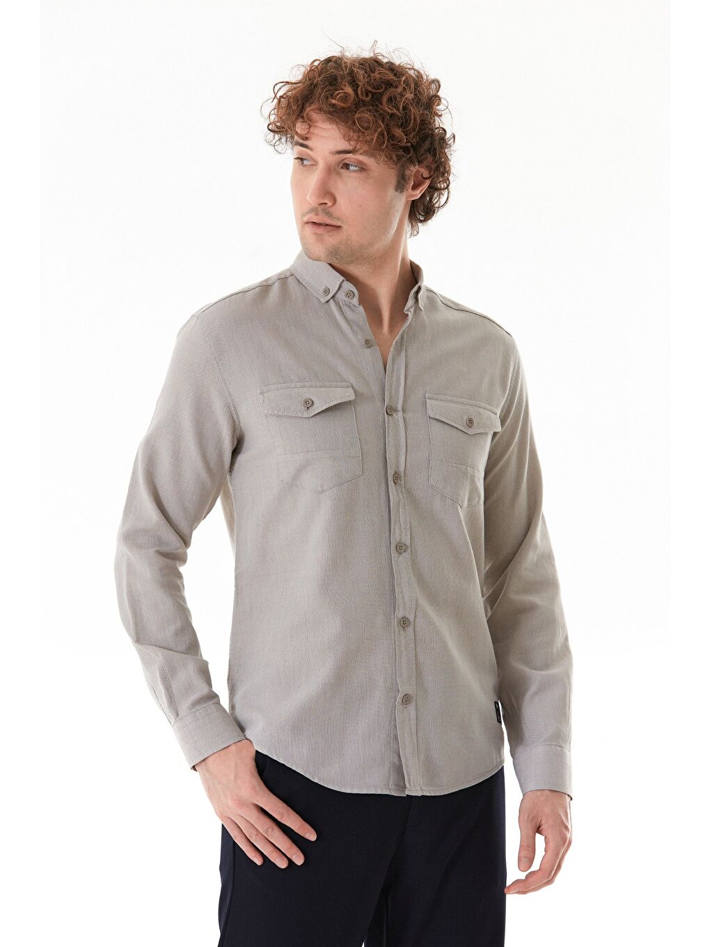 Bej Zikzak Desenli Çift Cepli %100 Pamuk Gömlek