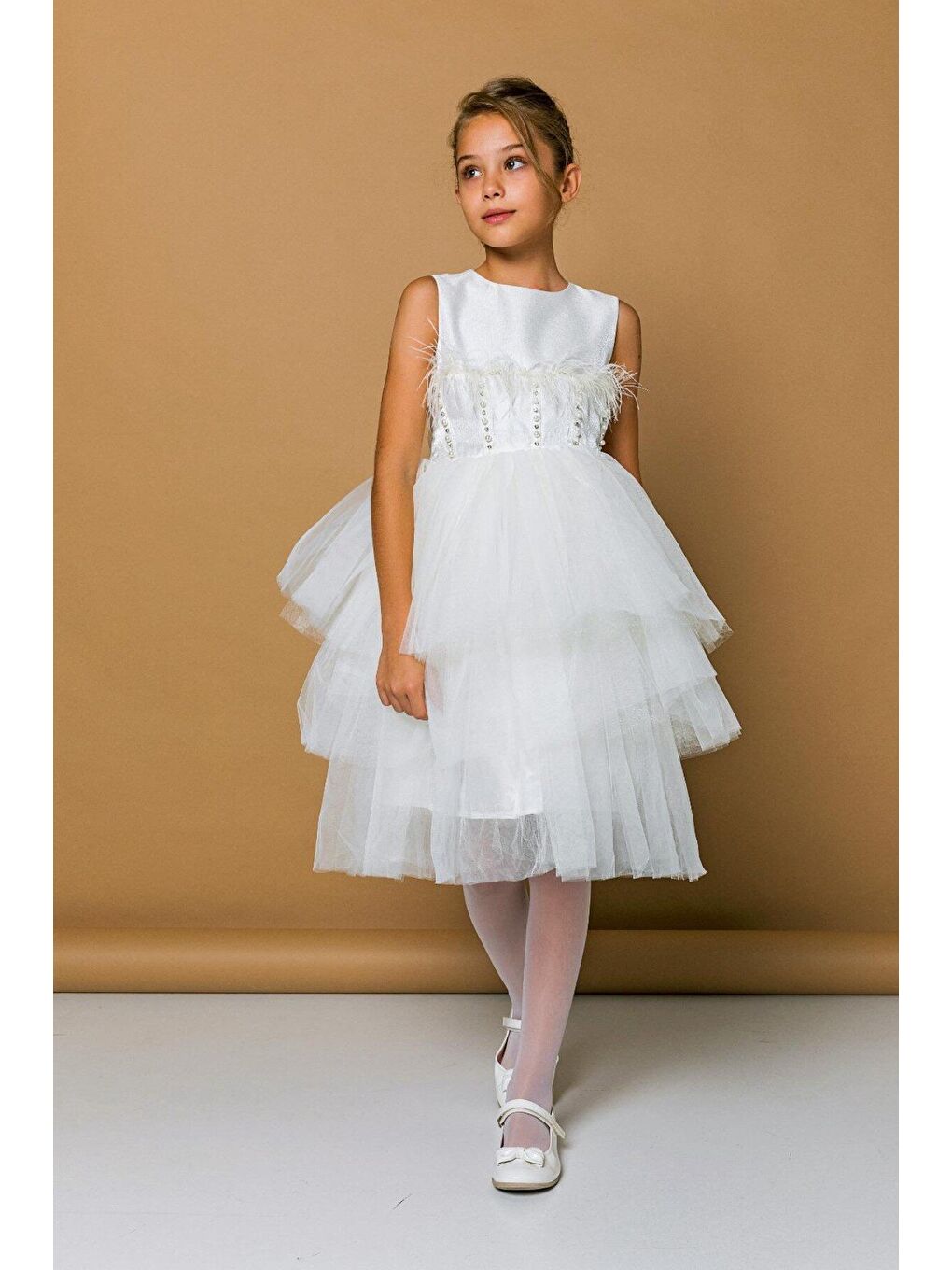 Ekru Kız Çocuk Tavşan Tüylü İncili abiye