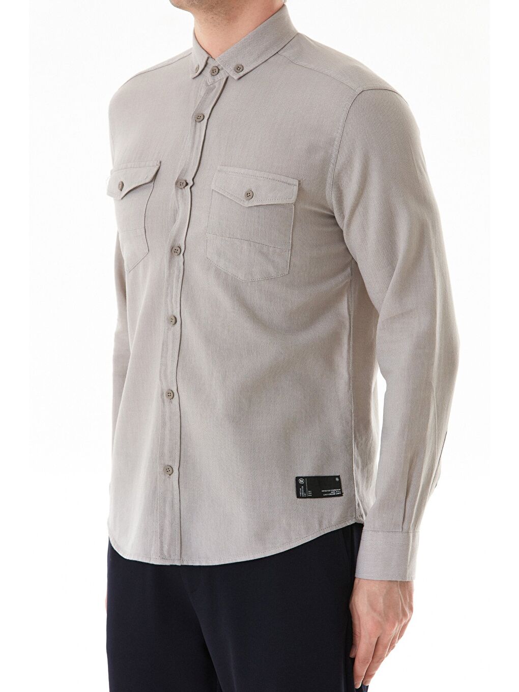 Bej Zikzak Desenli Çift Cepli %100 Pamuk Gömlek-3