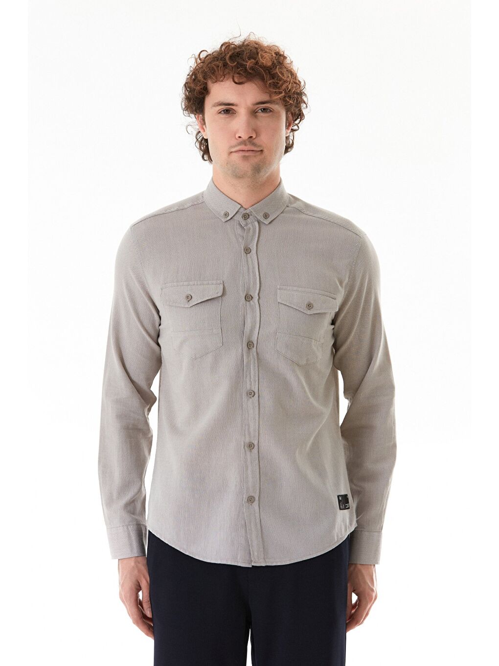 Bej Zikzak Desenli Çift Cepli %100 Pamuk Gömlek-4