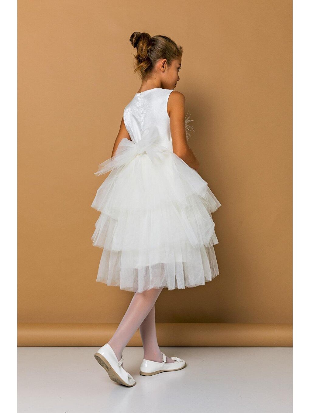 Ekru Kız Çocuk Tavşan Tüylü İncili abiye-1