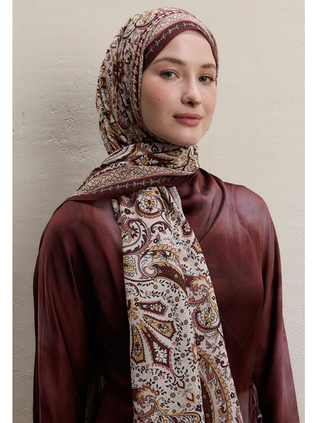 Kırmızı Elegant Desen Şal Vişne