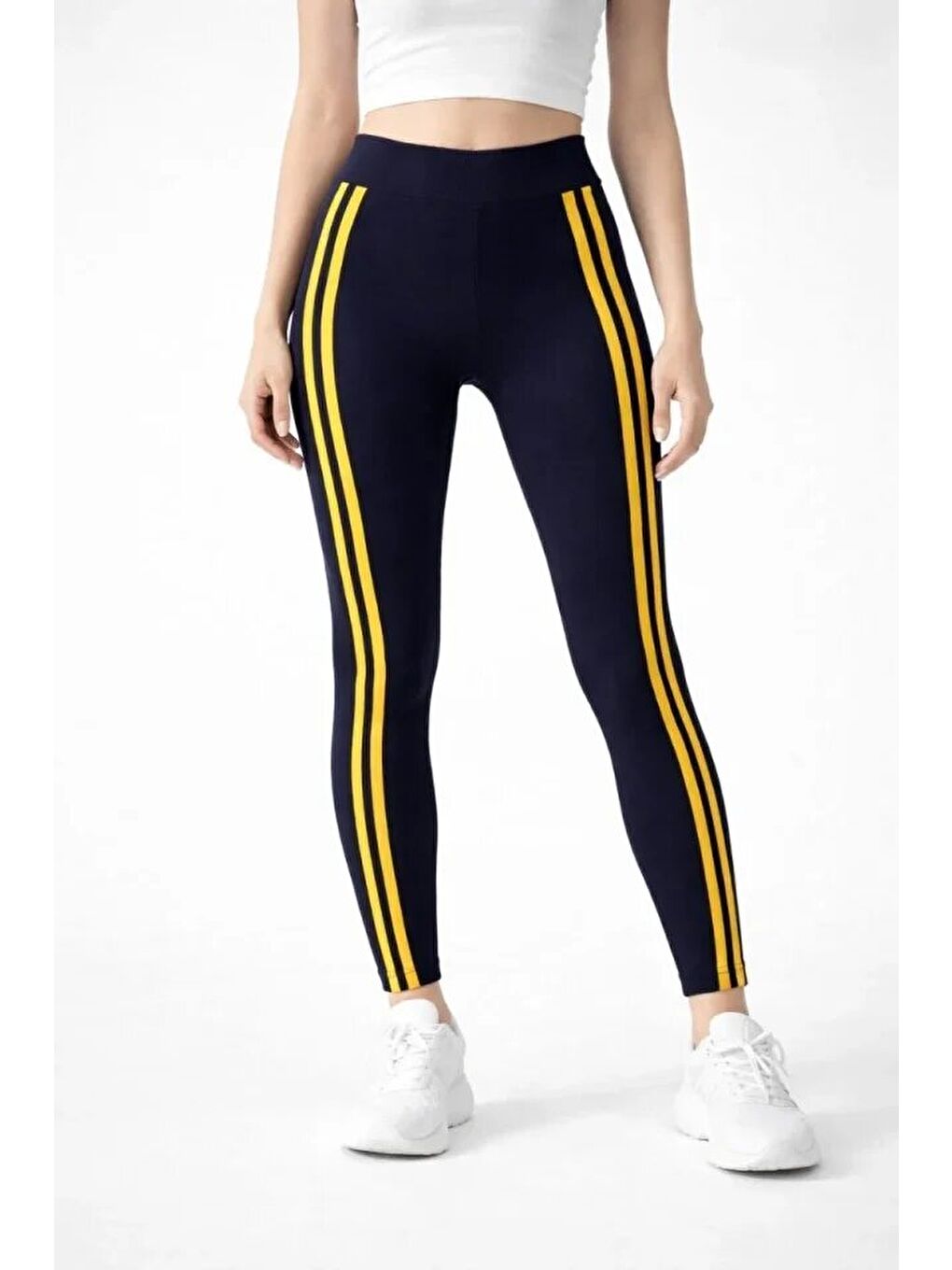 Elastanlı Yan Sarı Şeritli Detaylı Tayt - Siyah