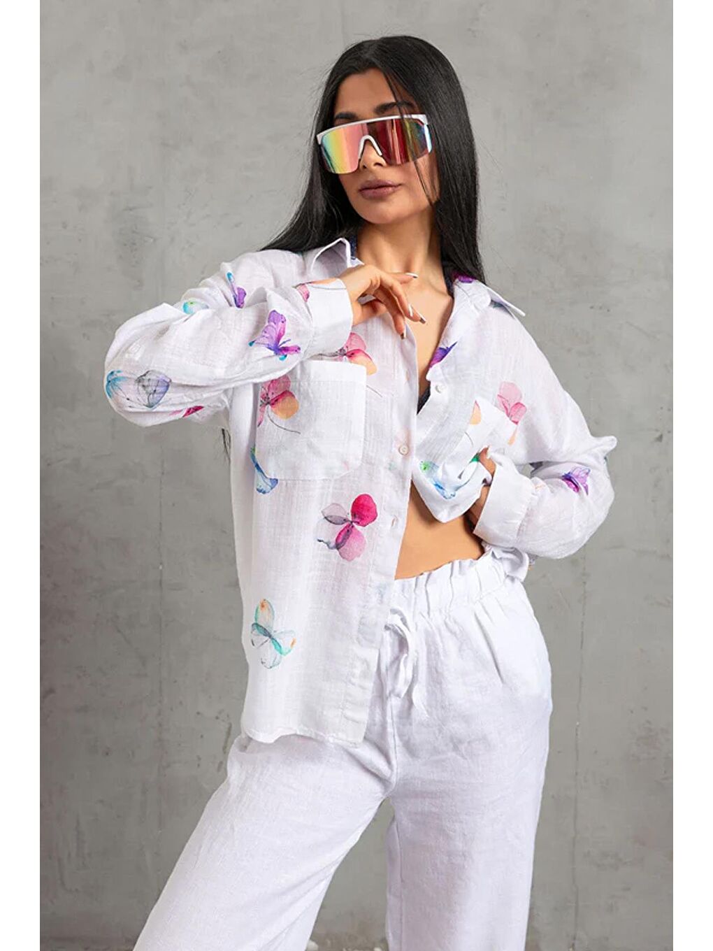 Pembe Desenli Pamuklu Uzun Kollu Kadın Gömlek 26Y0052K1