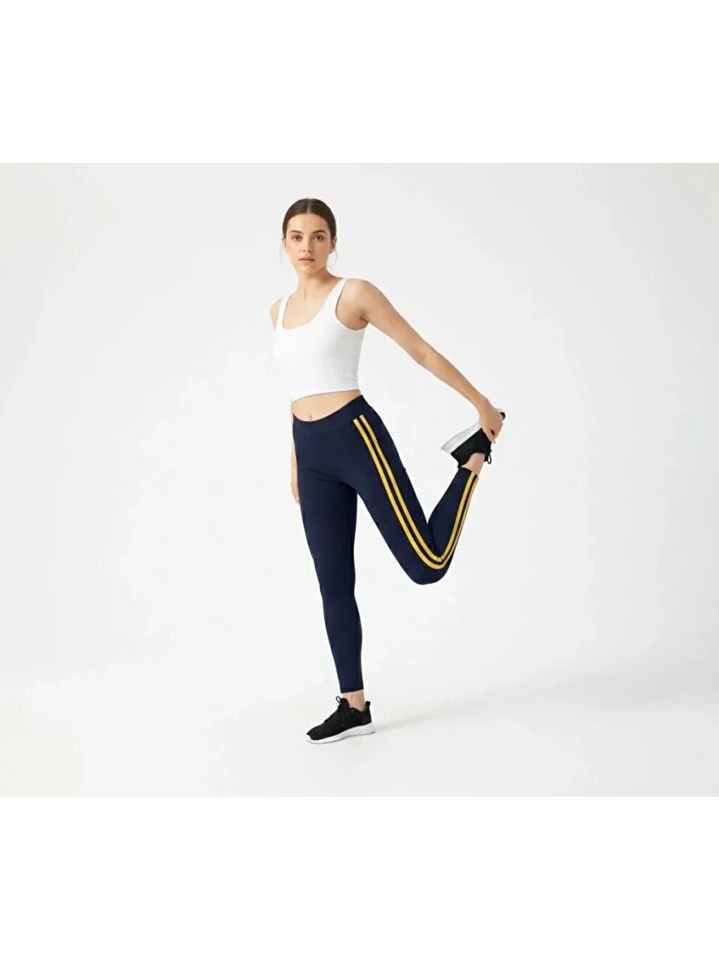 Elastanlı Yan Sarı Şeritli Detaylı Tayt - Siyah-1