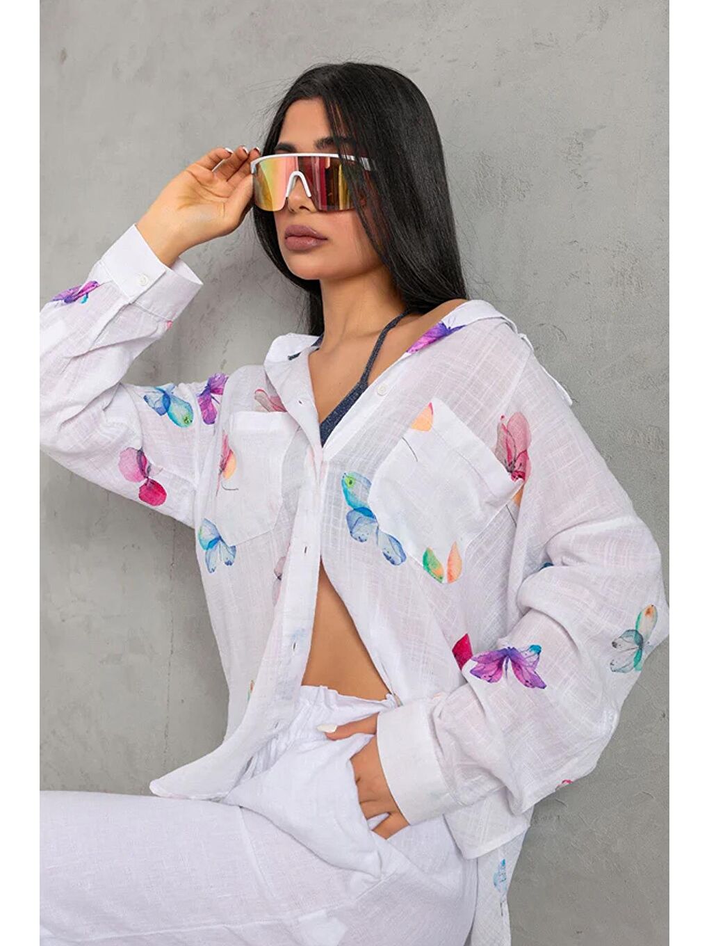 Pembe Desenli Pamuklu Uzun Kollu Kadın Gömlek 26Y0052K1-1