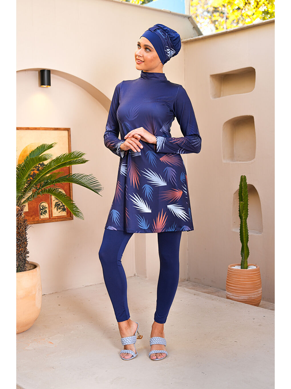 Lacivert Dijital Baskılı Taytlı Kapalı Tesettür Mayo 3766-2