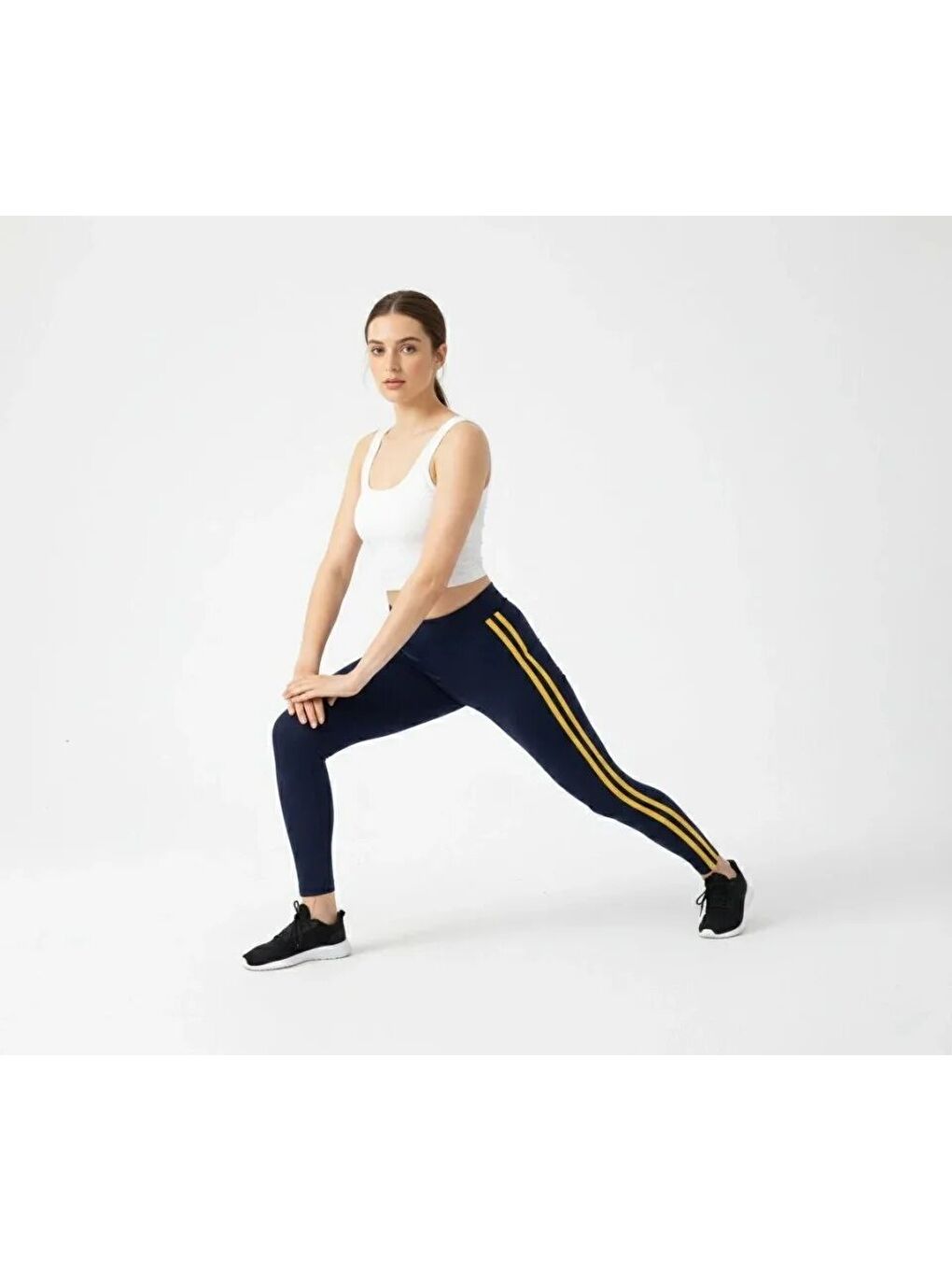 Elastanlı Yan Sarı Şeritli Detaylı Tayt - Siyah-2