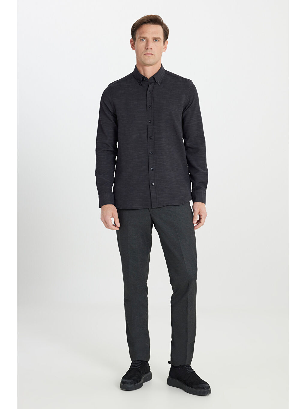 Erkek Antrasit Pamuklu Slim Fit Dar Kesim Düğmeli Yaka Armürlü Esnek Gömlek-1