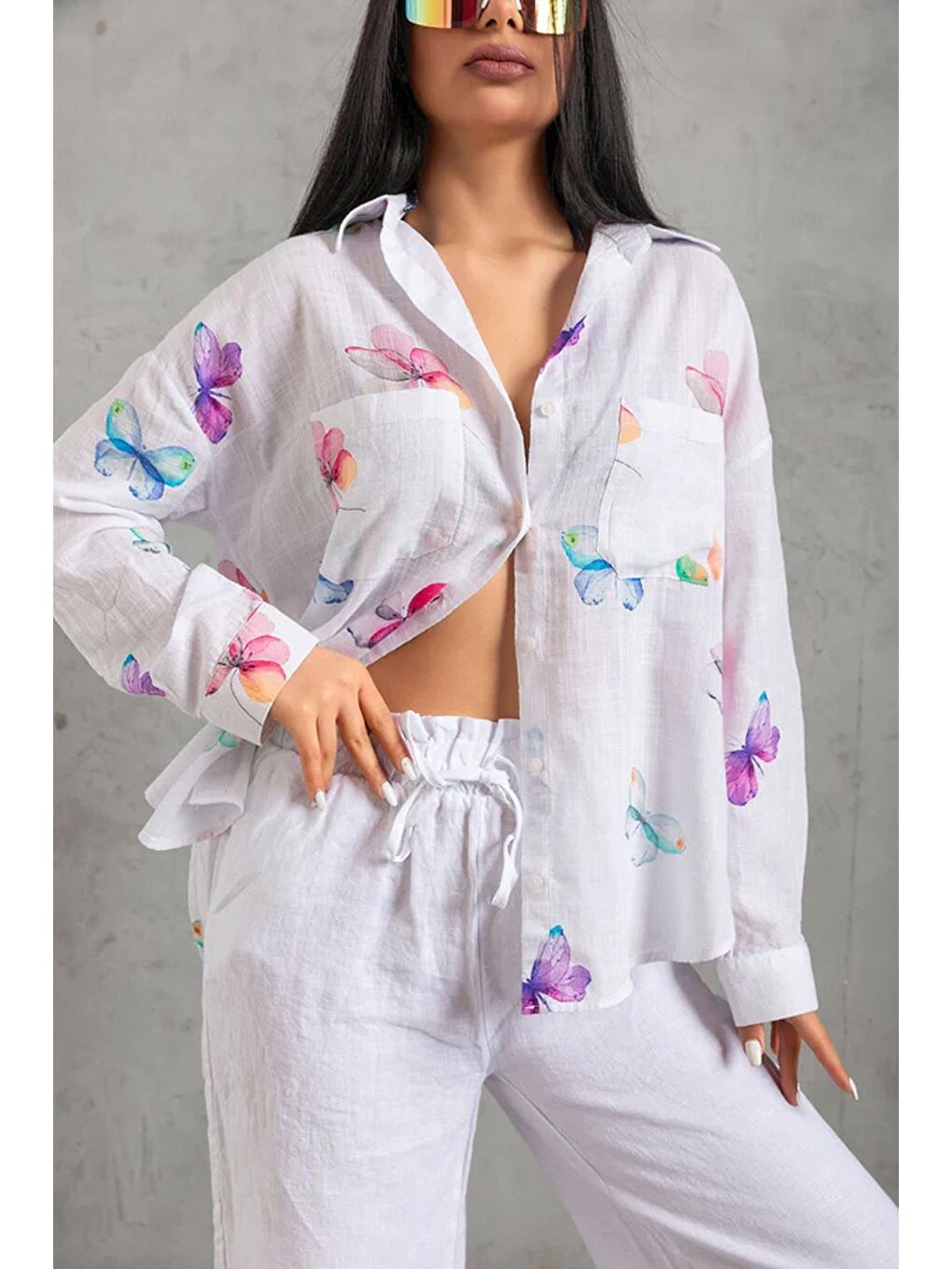 Pembe Desenli Pamuklu Uzun Kollu Kadın Gömlek 26Y0052K1-3