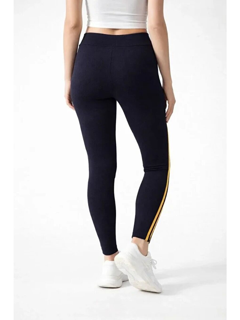 Elastanlı Yan Sarı Şeritli Detaylı Tayt - Siyah-3