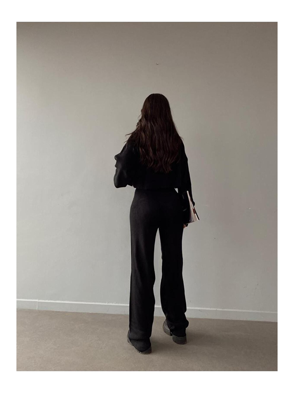 Kadın Siyah Parmak Geçmeli Triko Takım-2