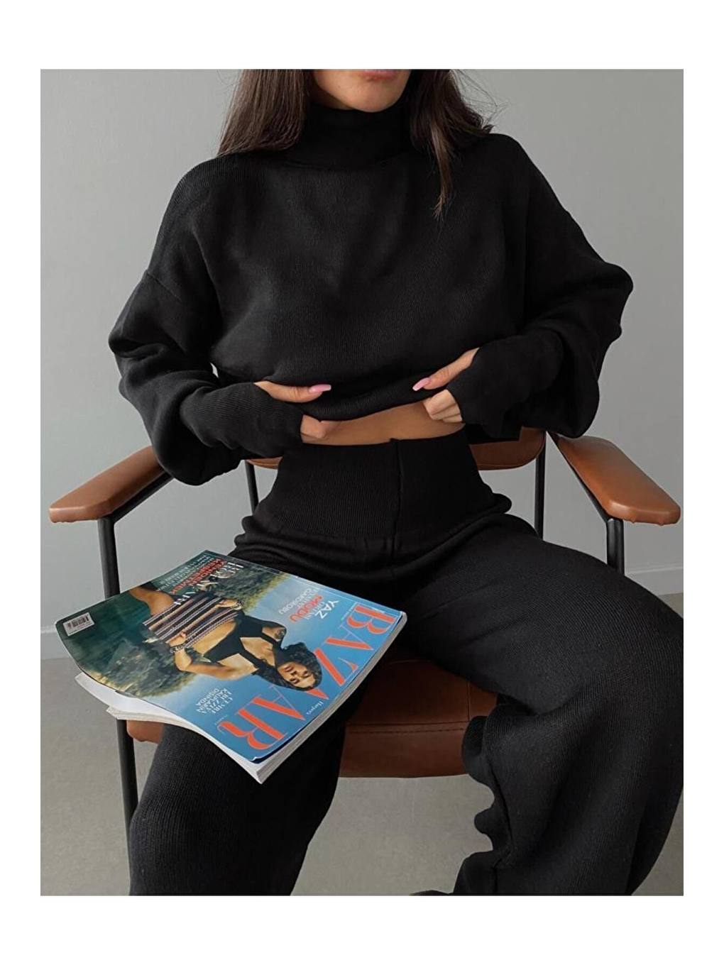 Kadın Siyah Parmak Geçmeli Triko Takım-3