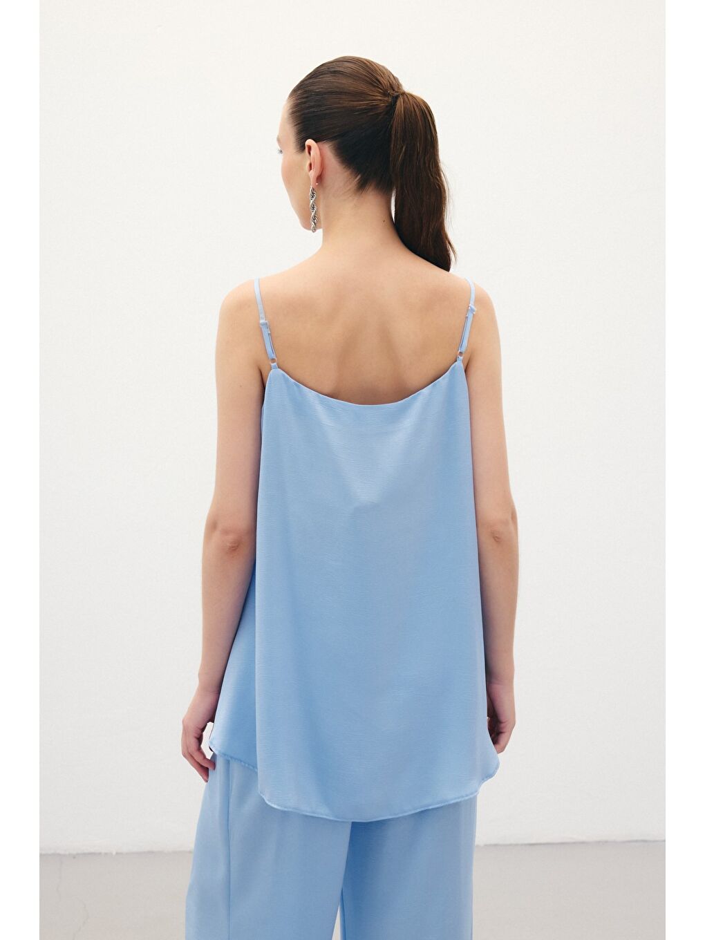 Askılı Saten Bluz - Mavi-6