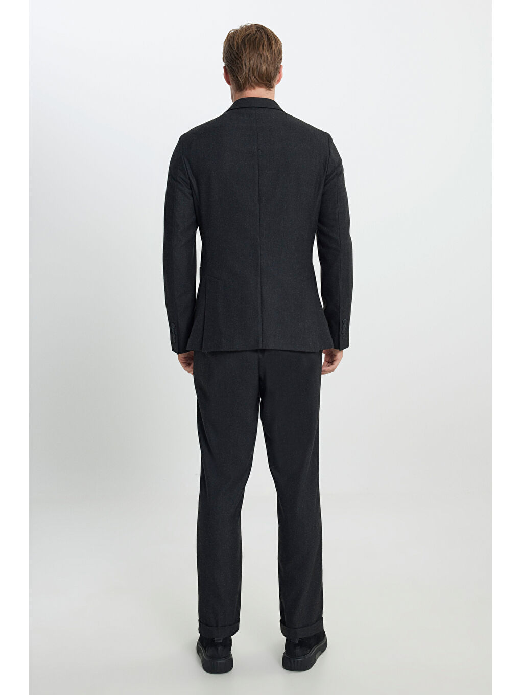 Erkek Antrasit Yünlü Slim Fit Dar Kesim Mono Yaka Beli Bağlamalı Diagonal Desenli Takım Elbise-8