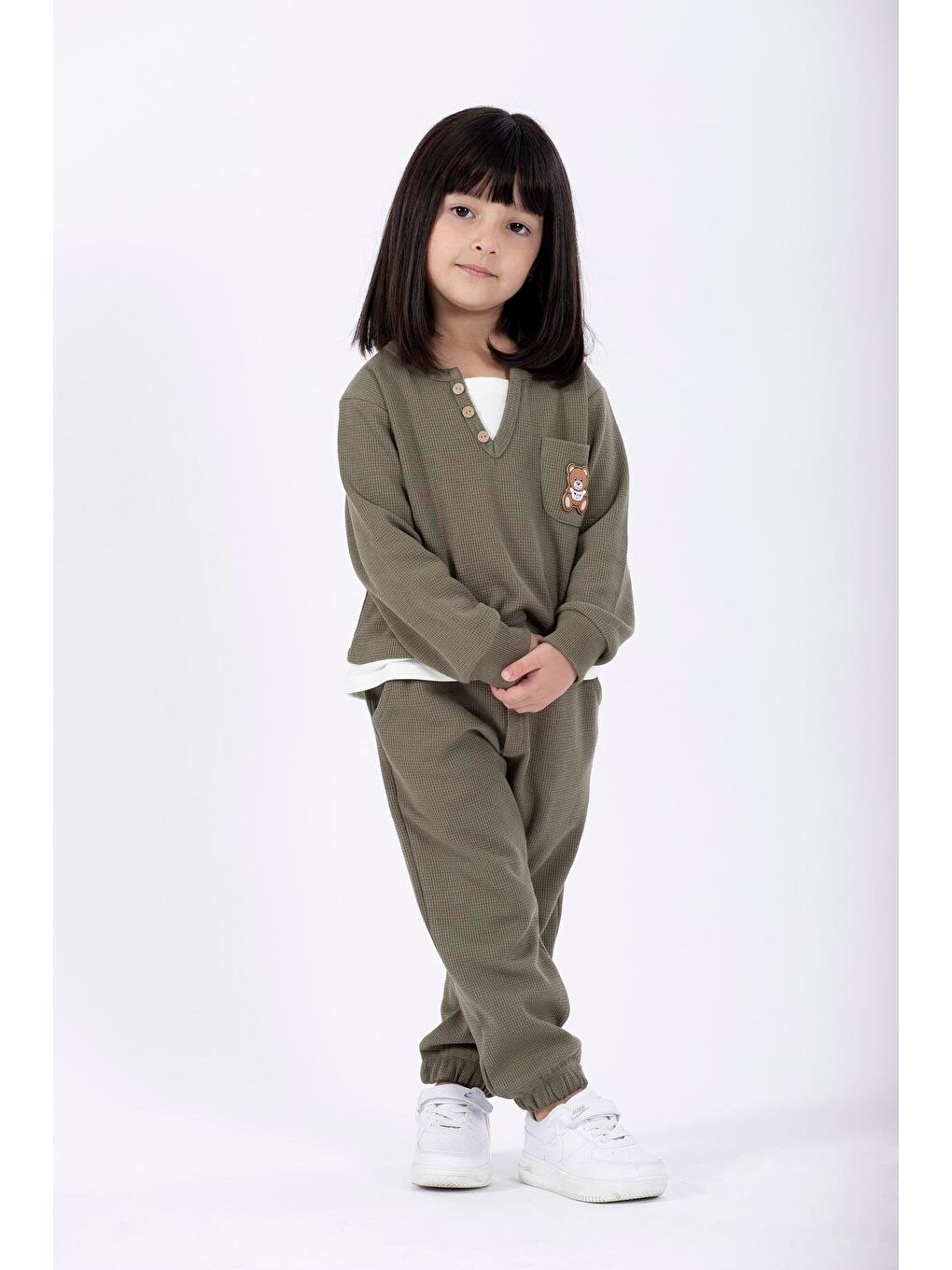 Bisiklet Yaka Uzun Kol Ayıcık Armalı Garnılı Bel Paca Lastikli Haki Renk Kız Çocuk Esofman Takım-2