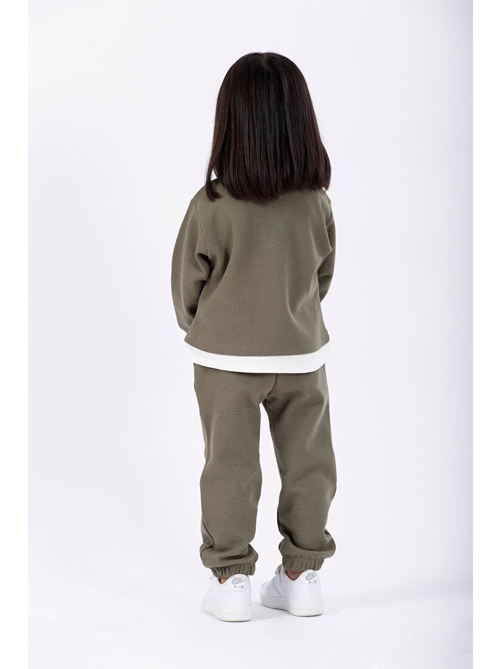 Bisiklet Yaka Uzun Kol Ayıcık Armalı Garnılı Bel Paca Lastikli Haki Renk Kız Çocuk Esofman Takım-3