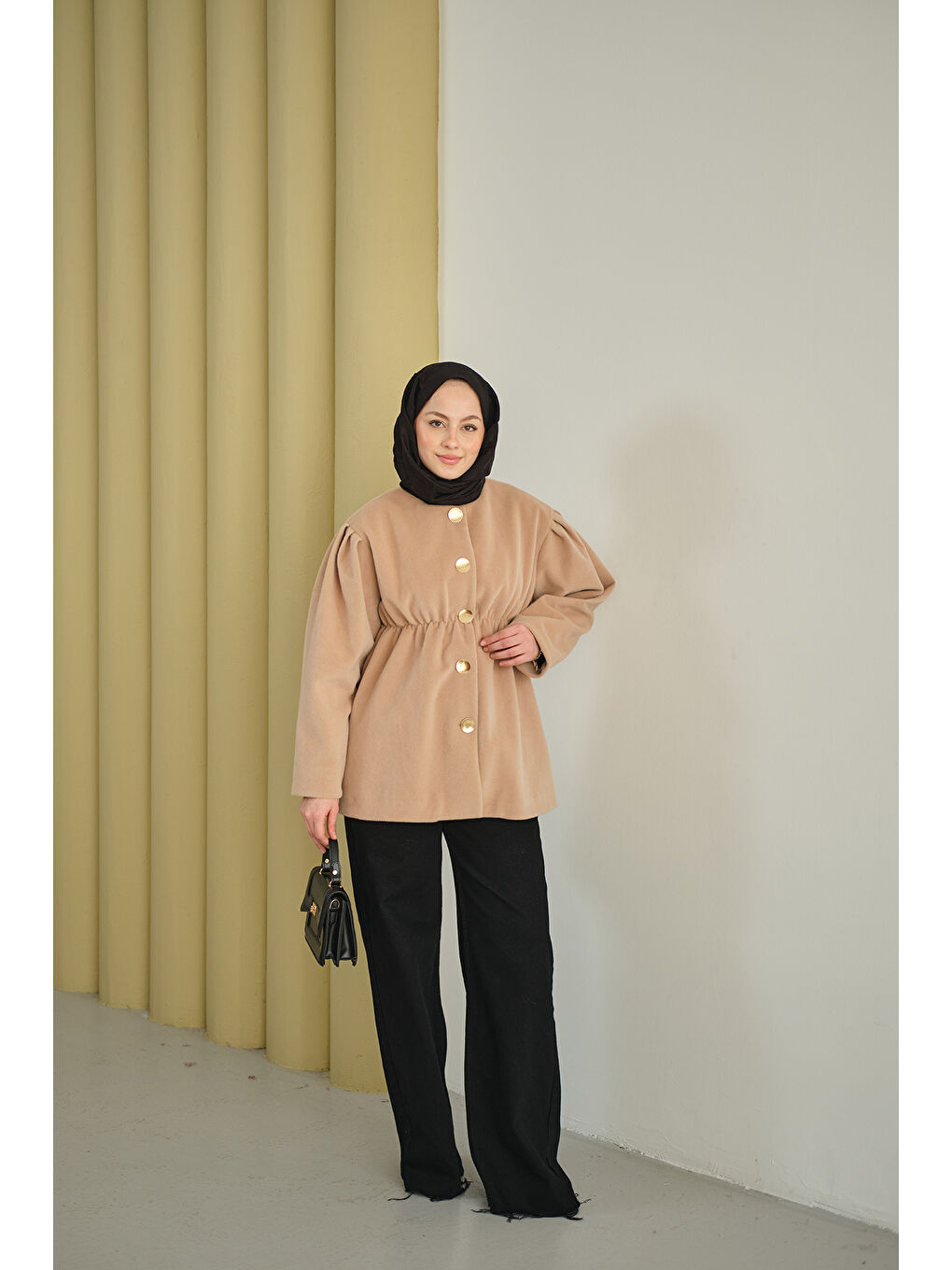 Bej Kadın Beli Lastikli Angora Ceket Vizon-1