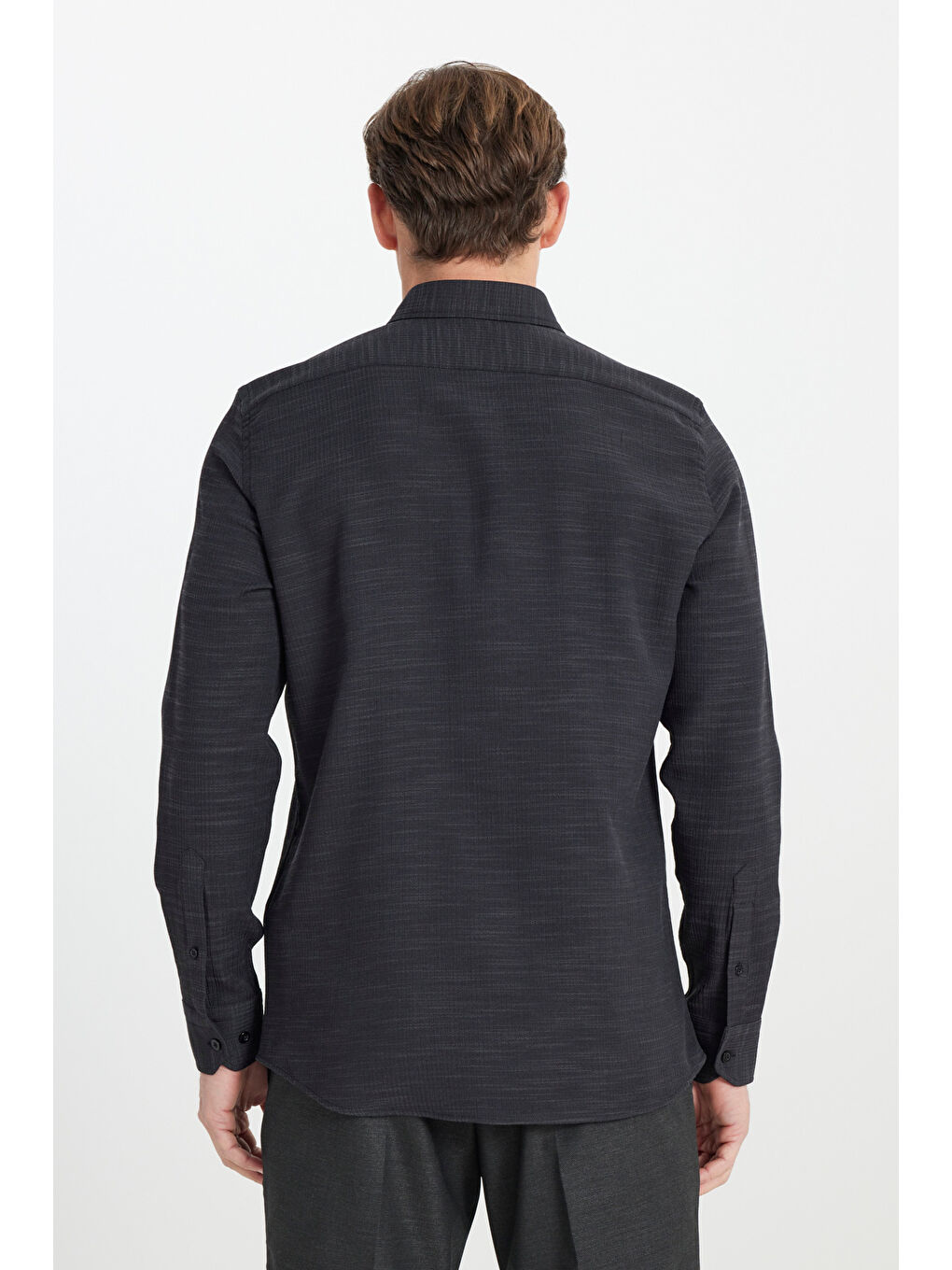 Erkek Antrasit Pamuklu Slim Fit Dar Kesim Düğmeli Yaka Armürlü Esnek Gömlek-4