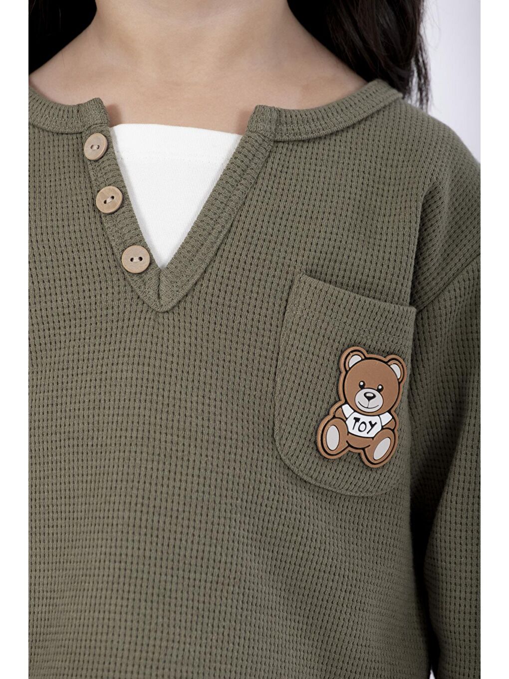 Bisiklet Yaka Uzun Kol Ayıcık Armalı Garnılı Bel Paca Lastikli Haki Renk Kız Çocuk Esofman Takım-4