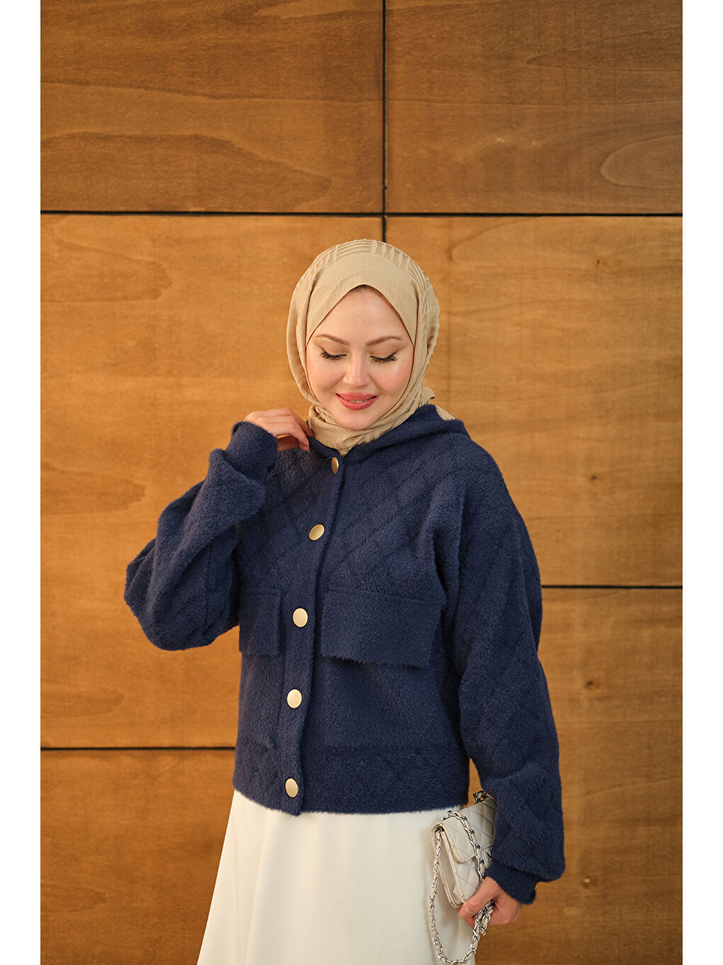 Kadın Kendinden Desenli Kapüşonlu Hırka Lacivert-1