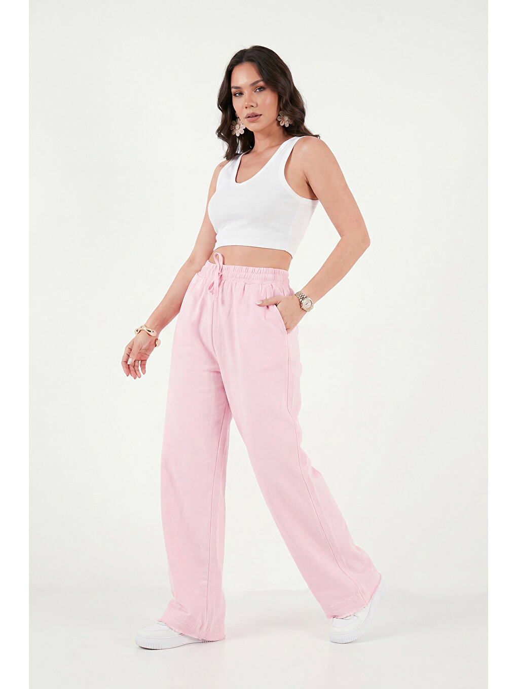 Pembe Pamuklu Belden Bağlamalı Yüksek Bel Geniş Paça Cepli Regular Fit Kadın Pantolon 668yp4760-2