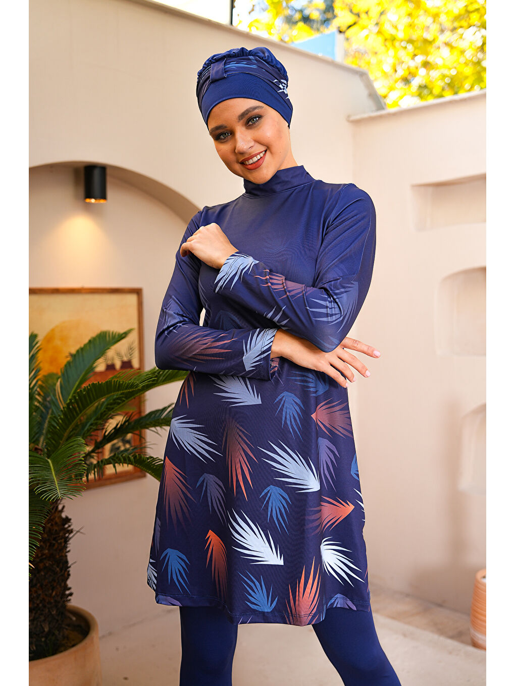 Lacivert Dijital Baskılı Taytlı Kapalı Tesettür Mayo 3766-3