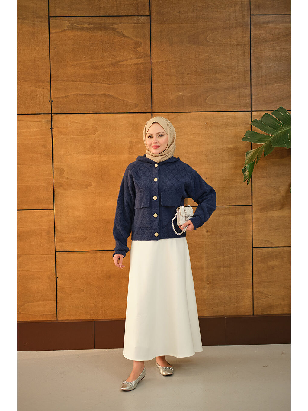 Kadın Kendinden Desenli Kapüşonlu Hırka Lacivert-2