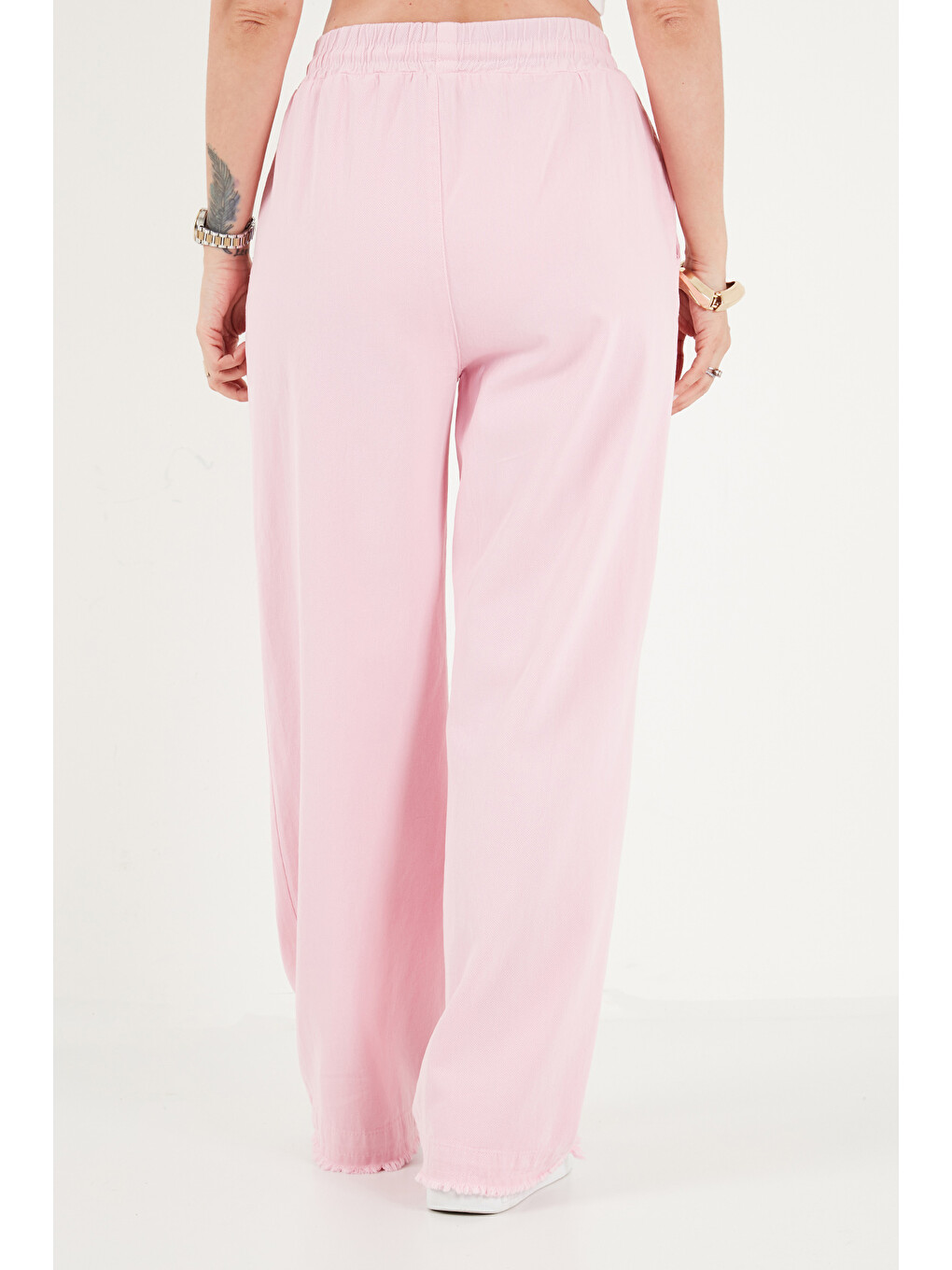 Pembe Pamuklu Belden Bağlamalı Yüksek Bel Geniş Paça Cepli Regular Fit Kadın Pantolon 668yp4760-5
