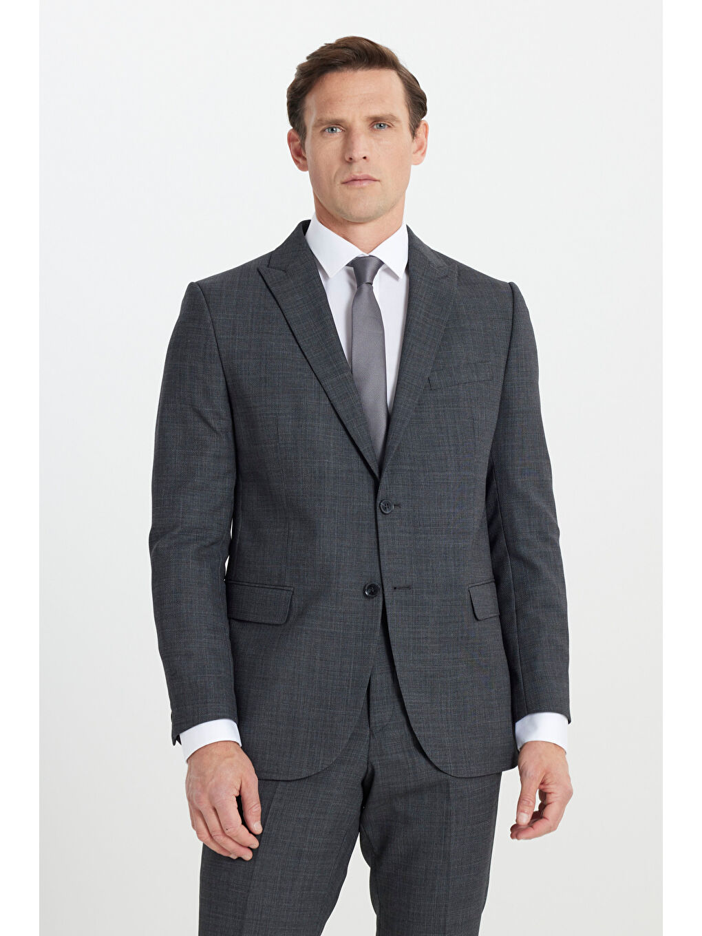 Erkek Antrasit Yünlü Cordura Kumaş Slim Fit Kırlangıç Yaka Desenli Kapak Cepli Takım Elbise