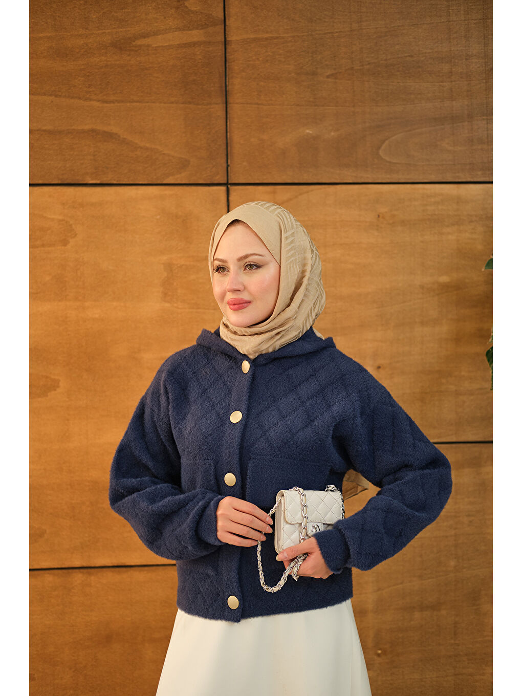 Kadın Kendinden Desenli Kapüşonlu Hırka Lacivert-3