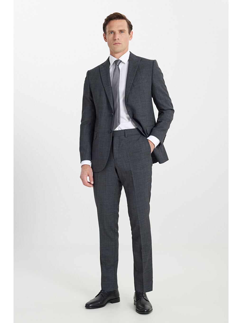 Erkek Antrasit Yünlü Cordura Kumaş Slim Fit Kırlangıç Yaka Desenli Kapak Cepli Takım Elbise-1